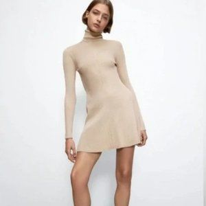Zara Turtleneck Sweater Knit Mini Dress Tan Taupe Camel